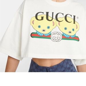 Gucci White Cropped Bear Graphic Tee